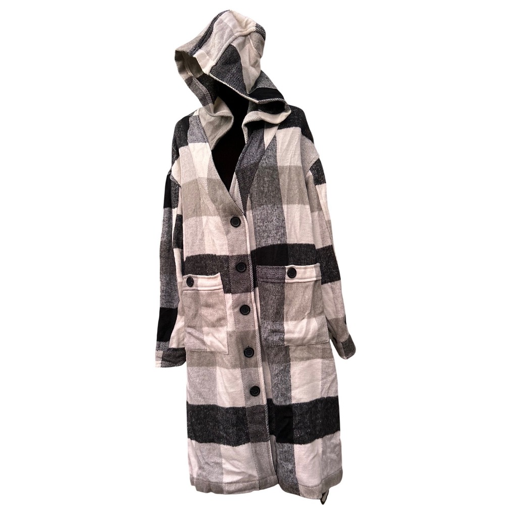 Stoosh Womens Buffalo Plaid Hooded Longline Shacket Black Grey White JKJR2768 L